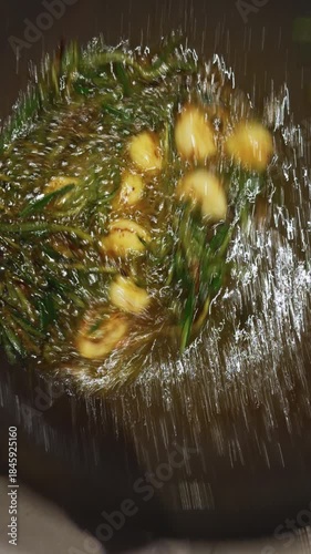 close-up footage of grilling steaks, barbecue party in evening, the meat is stewed in butter with garlic and thyme, spiking pieces of meat on the grill, various vegetables, lots of smoke