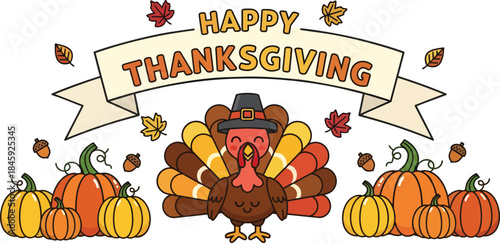 Cartoon Thanksgiving Turkey with Colorful Tail Feathers.