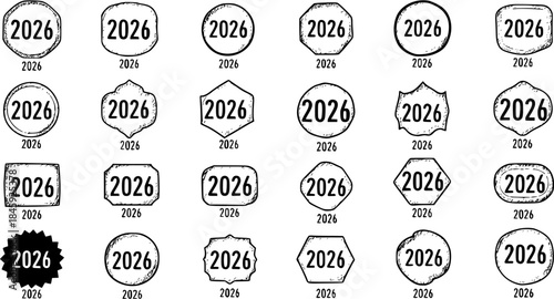 Collection of 2026 Year Seals, Stamps and Badges in Black and White Line Art Style - Vector Icons