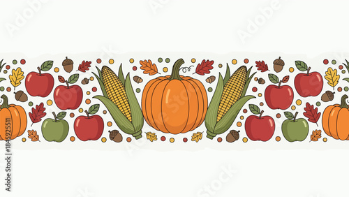 Central pumpkin surrounded by autumn harvest produce.