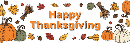 Happy Thanksgiving decorative banner with autumn leaves.