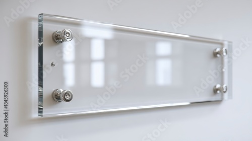 A rectangular, transparent acrylic plaque with metal screw mounts, reflecting light and a blurred window view