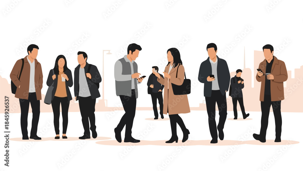 Obraz premium Group of diverse young adults walking and looking at their smartphones in an urban setting illustration