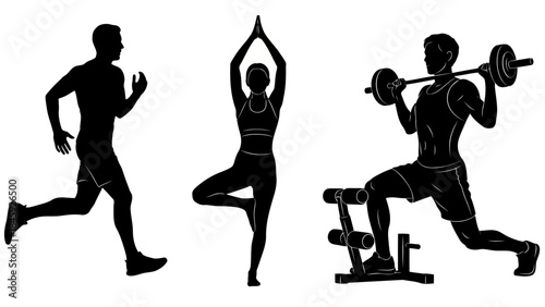 Silhouettes of people exercising running, yoga pose, and weightlifting