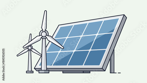Illustration of renewable energy sources wind turbines and solar panel generating clean power