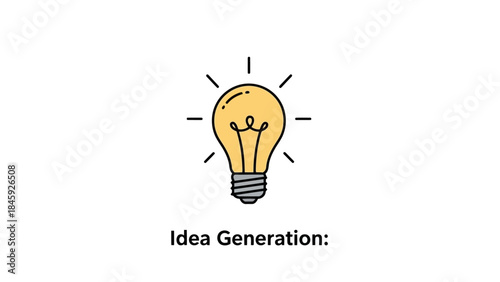 Simple handdrawn illustration of a glowing yellow light bulb symbolizing a new idea, innovation, or creativity, with the text idea generation below it, a