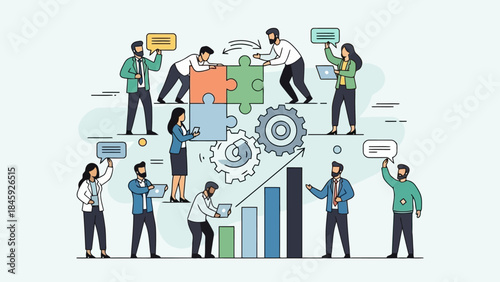 Teamwork and collaboration concept with business people assembling puzzle pieces and working on charts for project success and strategy