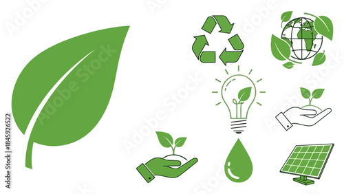 Set of green ecology and environment icons leaf, recycle symbol, globe, lightbulb, hand holding sprout, solar panel, and water drop