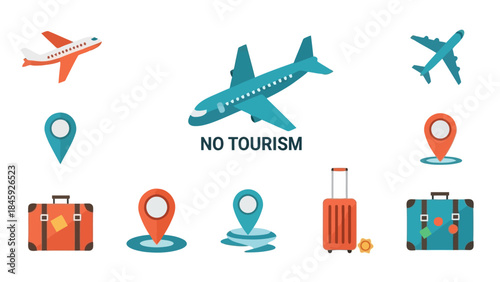 Set of icons representing travel restrictions and no tourism concept, including airplanes, location pins, and luggage suitcases