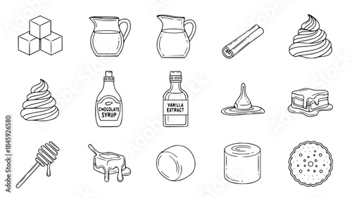 Assorted sweetener items display ingredients creating drawing illustrations featuring assorted kitchen baking themes detailing design elements