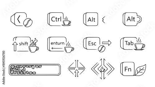 Computer keys icons display coffee imagery in a vector format illustrating workplace situations and concepts