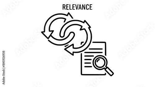 Relevance arrows rotate around document during research in isolated white scene depicting information cycle and analytical detail