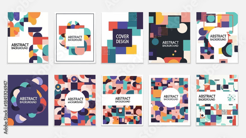 A collection of ten vibrant abstract geometric background designs featuring colorful shapes and modern patterns suitable for covers or posters.