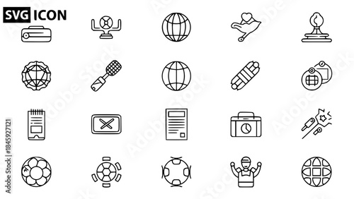 Various isolated outlined icons represent different diverse objects showing lineart graphic illustrations on white background offering informational visual symbols