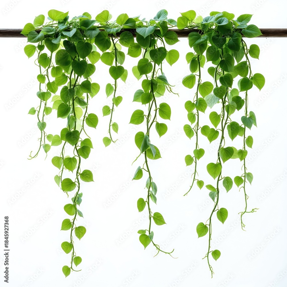 Obraz premium Green heart shaped leaves hang down on thin stems from a wooden beam against a white backdrop. This verdant vine plant offers rich natural beauty for decorative purposes or graphic design projects.