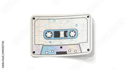 A stylized illustration of a retro audio cassette tape with a modern geometric design on a white background, evoking nostalgia for vintage music formats.