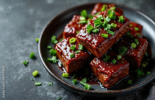 Rectangular braised beef short ribs glisten in dark BBQ sauce on plate. Garnished with fresh parsley, chopped green onions, look juicy, delicious. Sesame seeds add texture to savory meat dish.
