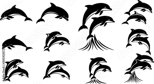 Dolphin silhouettes, Jumping dolphins silhouette, Dolphin vector