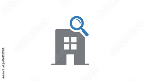 Magnifying glass over a building representing real estate search.
