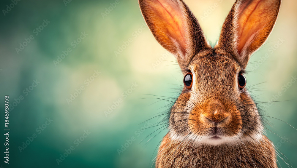 Fototapeta premium A close-up, eye-level portrait of a wild brown rabbit with prominent ears and dark eyes, centered against a soft, bright green and yellow bokeh background.