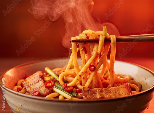 Steaming Hot Bowl of Spicy Noodles With Pork and Chili Garnishes Eaten With Chopsticks in Warm Lighting