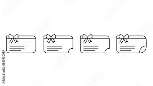 Line art illustration of four gift certificates with bows on a white background.