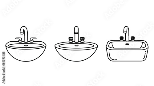 Line drawing of three modern bathroom sinks with faucets and handles on a white background.