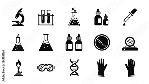 Collection of black and white laboratory icons including microscope, beakers, test tubes, and safety gear on a plain white background.