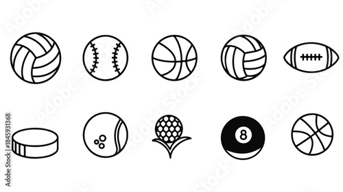 A set of ten black line drawings of various sports balls on a white background.