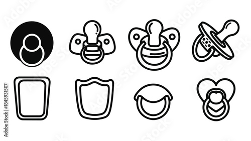 A flat lay of various baby pacifier icons and shields in a simple line art style against a clean white background.