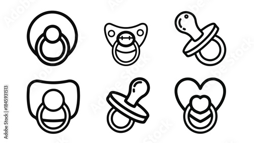 A set of six different pacifier icons in black line art on a white background.