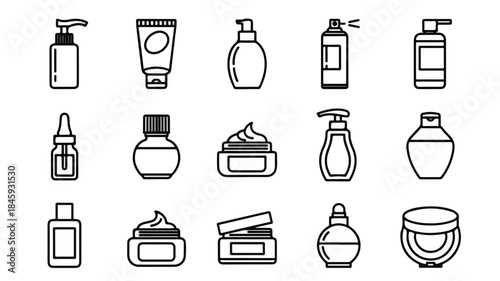 Flat lay of various cosmetic products and skincare items in black line art style on a clean white background.