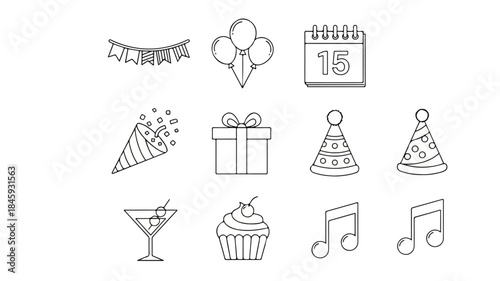 A flat lay of various line-drawn icons celebrating a birthday, including party hats, gifts, and festive decorations, against a clean white background with a celebratory mood.