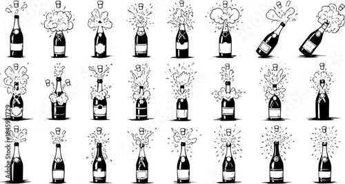 Detailed collection of hand-drawn champagne bottle illustrations, featuring popping corks, effervescent fizz, and festive bubbles, perfect for celebrations and New Year's Eve designs.