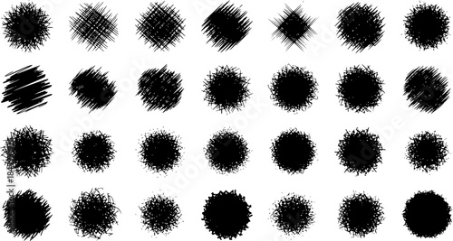 Set of Black Scribble Circles and Abstract Grunge Textures. Hand-Drawn Ink Brush Stroke Dots for Design Elements, Frames, and Backgrounds. Vector Illustration.