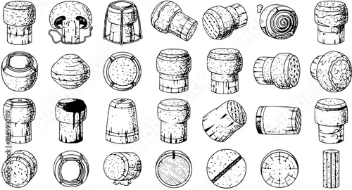 Vintage Hand Drawn Wine Corks and Mushroom Collection. Engraved Style Sketch Set of Bottle Stoppers in Various Shapes and Views for Wine and Champagne.