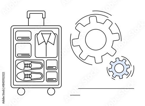 Travel planning, organization, efficiency, logistics, productivity, preparation. Open suitcase with clothing items, gears seamless functionality. Travel planning and organization concept
