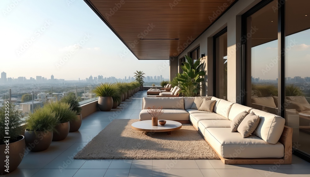 Fototapeta premium Spacious modern balcony with panoramic city views offers comfortable sofa lounge area with potted plants. Outdoor living space features minimalist furniture and beige rug. Sunny day over cityscape.