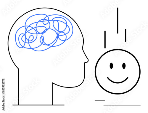 Mental health concept. A tangled brain design confusion while a smiling face s mental clarity. Mental health focusing on positive thinking and emotional well-being. Suitable for therapy, counseling
