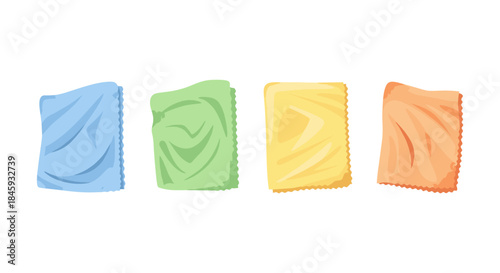 Four colorful microfiber cleaning cloths arranged in a row on a white background
