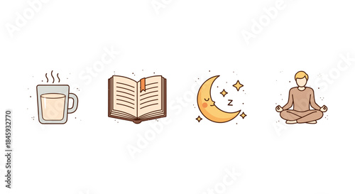 Relaxation icons: hot drink, book, sleeping moon, and meditation