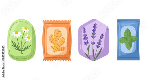 Collection of four different herbal tea packets with chamomile, ginger, lavender, and mint