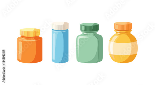 Collection of four colorful plastic pill bottles with screw-on caps on a white background