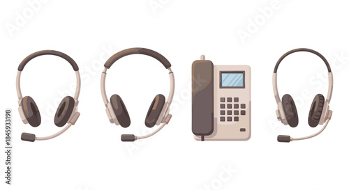Set of communication devices: headsets and a desk phone for customer service