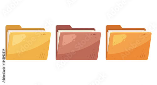 Three cartoon-style folders with paper documents inside, isolated on white