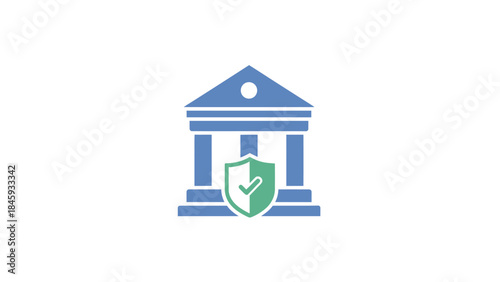 Bank Building with Security Shield and Check Mark Icon.