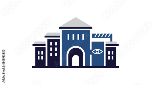 Modern Blue Building with Eye Symbol and Arched Entrance.