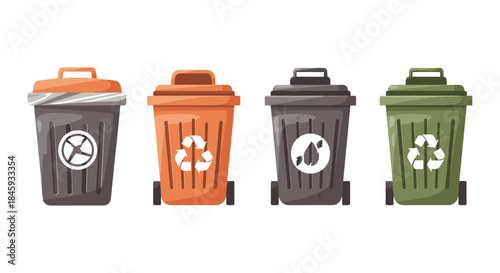 Four colorful recycling bins with different symbols for waste management