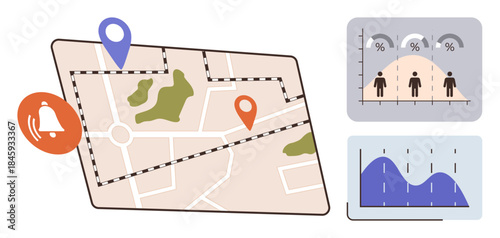 Map with location pins and alert icon, bar chart of population and percentages, graph depicting progress trends. Ideal for navigation, analytics, planning, monitoring, alerts, decision-making simple