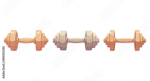 Three cartoon dumbbells in a row, representing different weights and colors